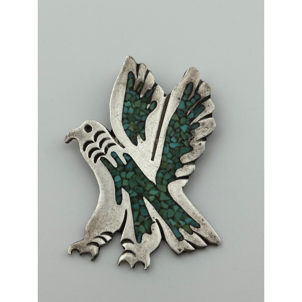 Vintage‎ Sterling Silver Turquoise Chip Eagle Pendant Southwestern